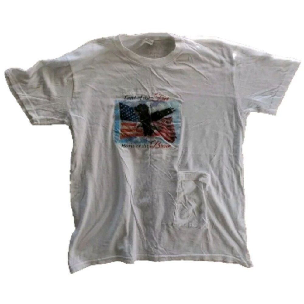 Land Of The Free Home of the Brave Eagle USA Flag White T-Shirt L 100% Cotton